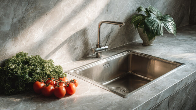 Fresh tomatoes and greens sit beside a clean sink in a bright kitchen with natural light coming through a window during the day