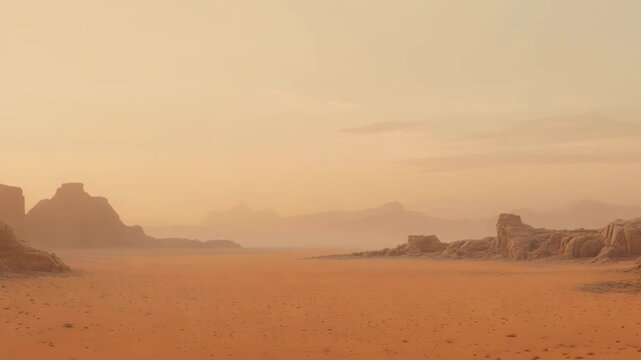 Expansive desert landscape with reddish sand and dramatic rock formations extending towards a hazy horizon under a warm, clear sky, evoking a sense of ancient wilderness and remote exploration