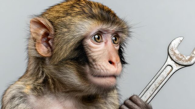 Monkey holding a wrench looks thoughtfully to the side, showcasing a close-up view of its expressive face and detailed fur against a neutral background