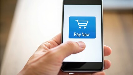 Cashless society behavior Hand holding smartphone displaying a blue "Pay Now" button with a shopping cart icon on the screen.