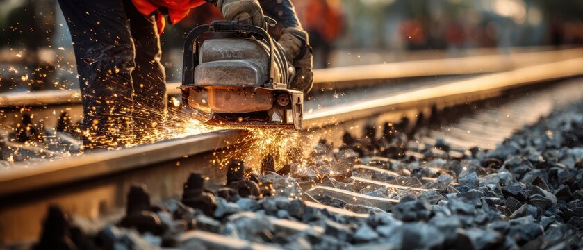 The Railway Worker Cutting Track with Sparks Flying at Sunset