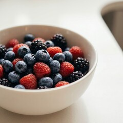 Fresh organic blueberries and raspberries with green leaves on a rustic stone surface near window light. Healthy antioxidant fruit concept.
