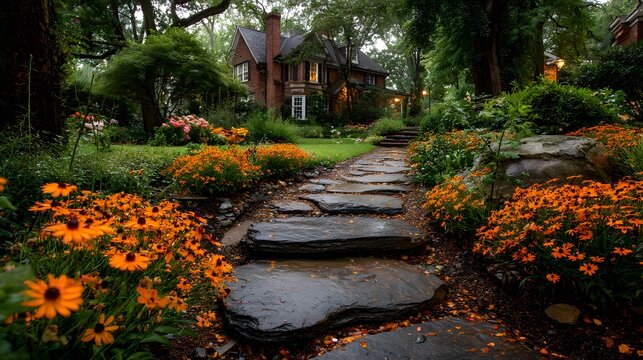Charming garden walkway created from irregular grey slate stepping stones winding through blooming orange black-eyed Susan flowers and mulch.