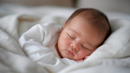 Newborn baby sleeping peacefully wrapped in soft white blanket, ideal for maternity lifestyle, newborn photography concept, baby care, family milestone, parenting love, nursery decor, and precious