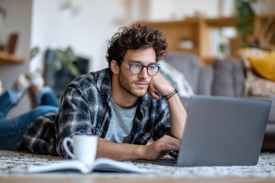 Male adult attending online business meeting home
