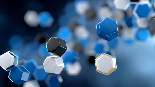 Abstract hexagonal shapes in blue, black, and white colors transition smoothly through a blurred background, creating a dynamic visual flow of geometric patterns and forms