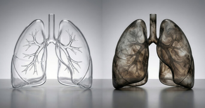 Comparison of Healthy and Smoker's Lungs Illustration on a Gray Surface from a Front Viewpoint