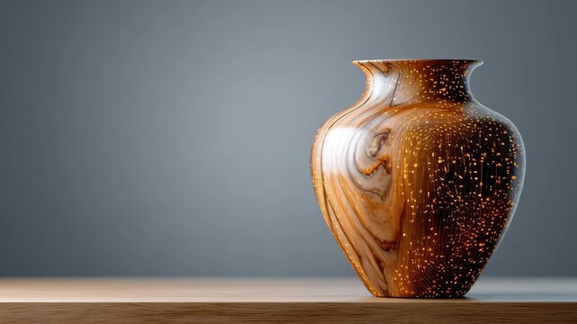 Decorative ceramic vase with intricate patterns and textures displayed on a wooden shelf against a soft gray background, showcasing its unique design and craftsmanship