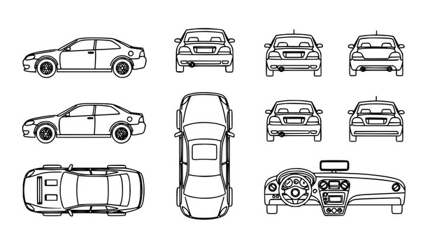 Car icons set with side front rear top bottom and interior views editable stroke linear vector collection isolated on white