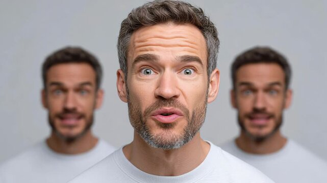 Caucasian male with short gray hair transitions from surprise to confidence, expressing emotions in a series of three frames against a neutral background