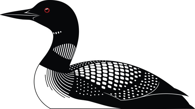 Common loon bird vector illustration in decorative black silhouette style for wildlife, nature, and lake animal design
