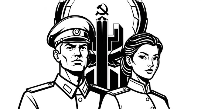 Soviet military officers in uniform, a man and a woman, looking serious and determined.