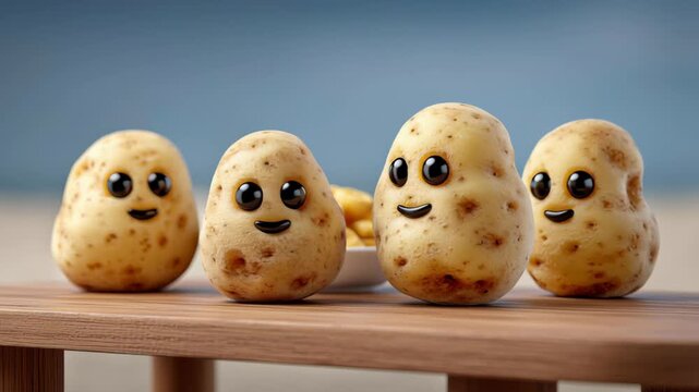 Four animated potatoes with smiling faces sit on a wooden table, showcasing their playful expressions and a bowl of snacks in the background against a blurred outdoor setting