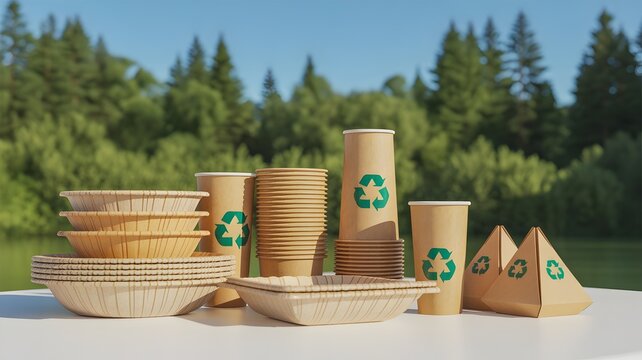 Eco-Friendly Tableware: An array of sustainable, recyclable tableware items, including plates, cups, and food containers, rests against a blurred nature background.