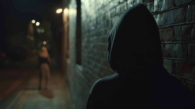 The hooded figure watching a distant lone pedestrian on a dimly lit urban alley