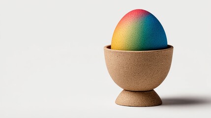 Fototapeta premium A colorful egg sits in a brown egg cup on a white background