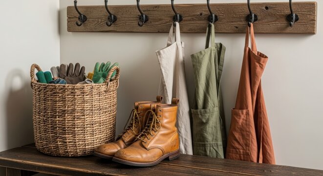 Work boots, gloves, and aprons on a rustic wooden bench and rack. Gardening or DIY concept for home and outdoor projects.