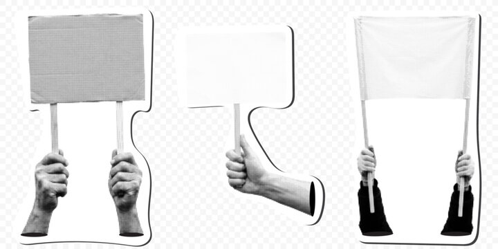 Set of hands holding blank protest signs and placards, halftone stippled style stickers for mockups isolated