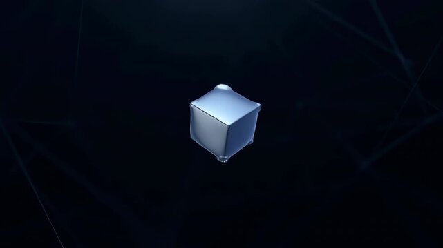 Reflective Metallic Cube Transforms Into Sparkling Crystalline Orb Amidst Dark Digital Network Background