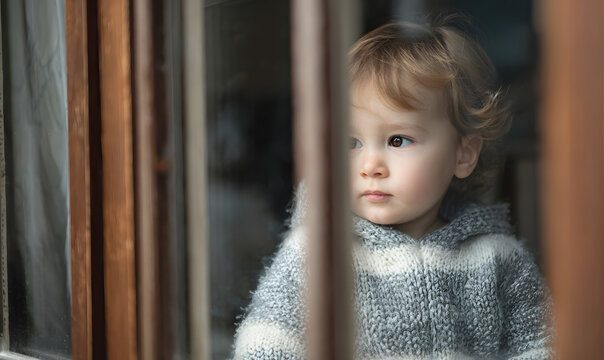 portrait of asad  little girl in the window