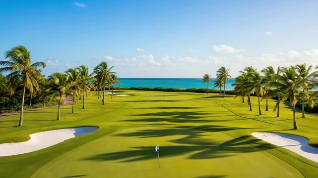 Aerial View Captures Serene Golf Course On Tropical Island Palm Trees Frame The Lush Green Fairways Bunkers Blue Ocean In Background For Travel Leisure Sports-related Publications
