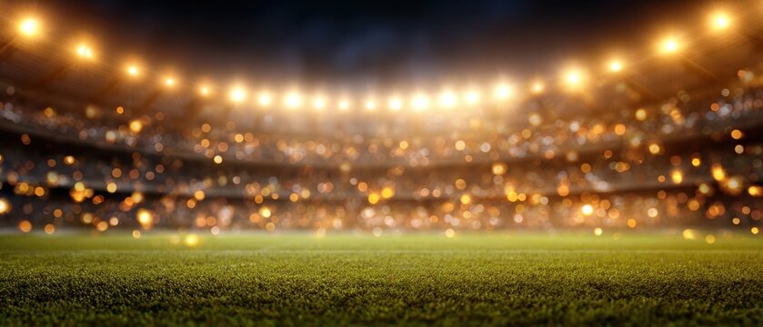 The stadium illuminated under night sky with empty pitch and glowing lights