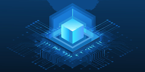 Fototapeta premium Abstract glowing crystal structure with integrated circuit board design