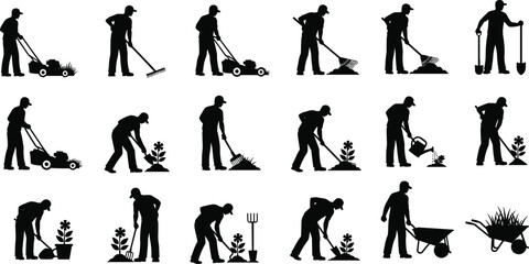 Gardener silhouette collection with lawn mower, rake, shovel and wheelbarrow isolated on white background, black vector illustration set for landscaping work © Rokeya