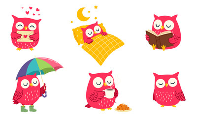 A set of flat vector illustrations in a simple style. A cute pink owl in different poses and situations. Drinking coffee and sleeping, in love and holding an umbrella. Vector illustration