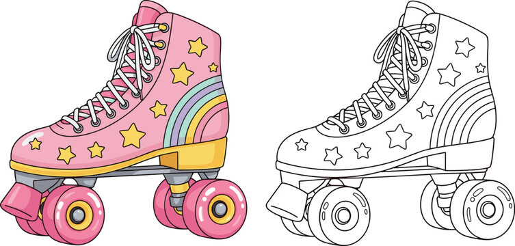 Cute roller skate vector illustration with colorful and outline styles for retro skating, kids sport, and fun fashion design