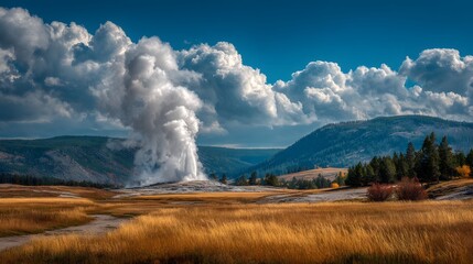 Breathtaking nature photography of a magnificent geyser erupting high into the vividly blue sky over golden autumn grass in Yellowstone.