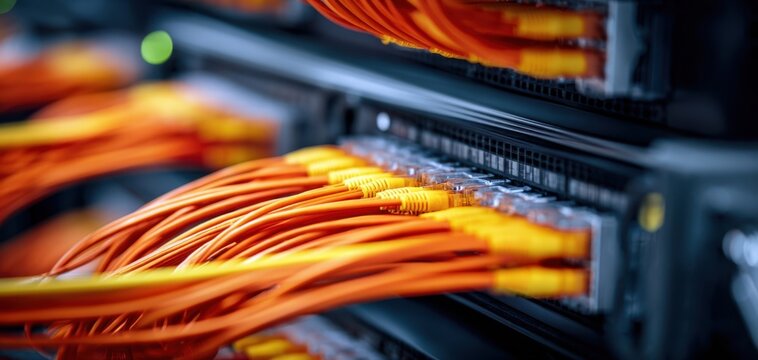The Ethernet patch panel with bundled orange network cables in a server rack