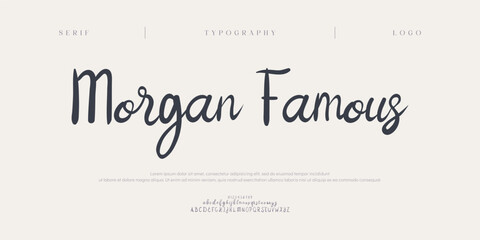 Obraz premium Morgan Famous, Script font alphabet logo. Typography Beauty fashion luxury classic letters serif fonts decorative wedding vintage retro logos. vector illustration 