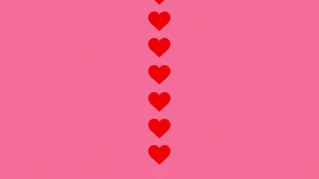 Vibrant pink background with cute red hearts arranged vertically
