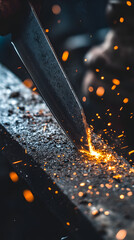 close-up of a knife being sharpened on a whetstone, sparks flying, focus on the blade edge