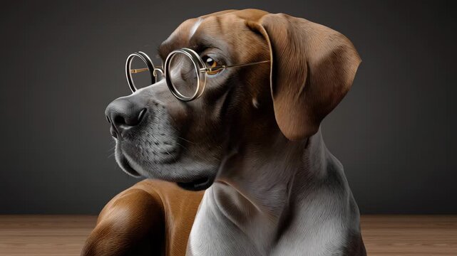 Dog wearing round glasses poses confidently, showcasing its unique expression and features against a dark background with wooden floor, emphasizing its playful character