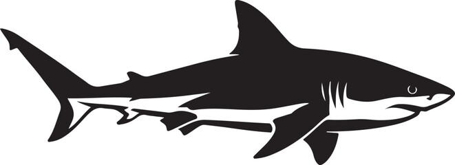 Black silhouette of a shark swimming in side view, isolated on white background