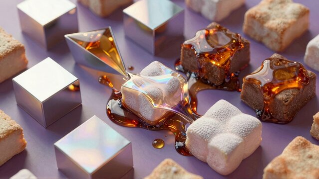 Gooey chocolate squares on purple plate