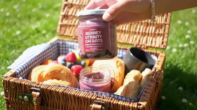 Healthy breakfast picnic scene featuring berry flavored overnight oats in a jar alongside fresh fruit and baked goods arranged in a classic wicker basket on green grass
