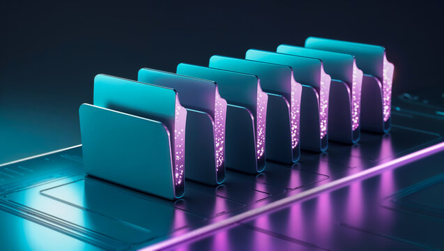 Futuristic 3d folder icons on digital surface with teal purple neon glow, file management concept, stacked folders with layered tabs, data storage visualization, modern tech text space background 