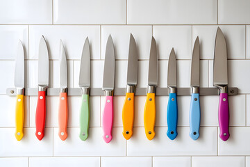 Colorful Kitchen Knives on Magnetic Strip in Modern Kitchen  
