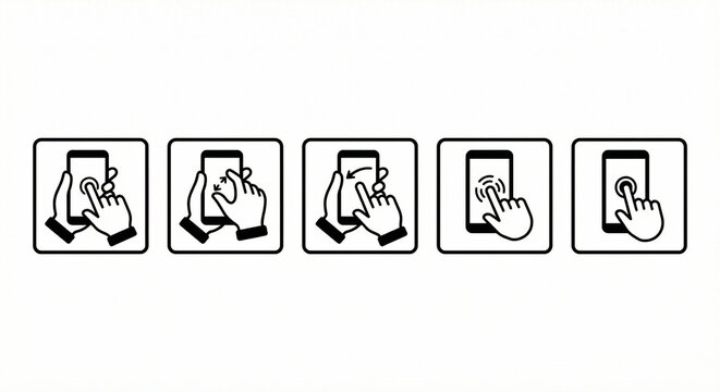 Mobile phone gestures icons set hand touching smartphone screen swipe tap pinch zoom click finger interaction symbols