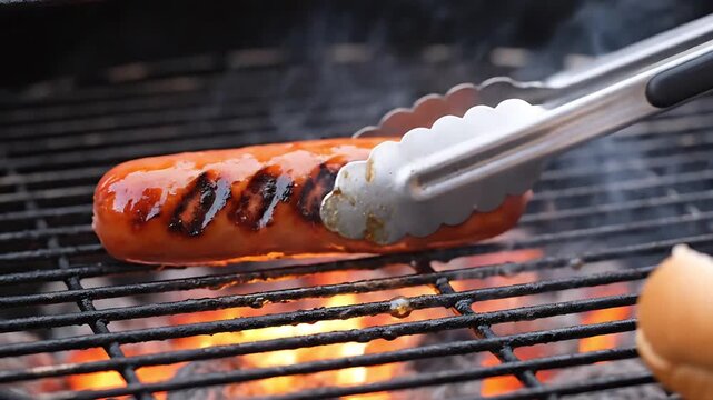 A grilled sausage on a barbecue grate, being handled with tongs. The sausage is perfectly cooked with visible grill marks