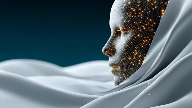 Digital human face with glowing network pattern emerges from flowing white fabric against a dark blue background, showcasing a futuristic and abstract aesthetic