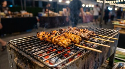 Close up of delicious marinated meat skewers sizzling on a glowing charcoal grill with smoke at a vibrant outdoor street food night market