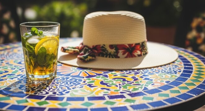 Refreshing iced tea with mint and lemon on a colorful mosaic table with a summer hat. Cool drink for hot day. Summer cafe relaxation.