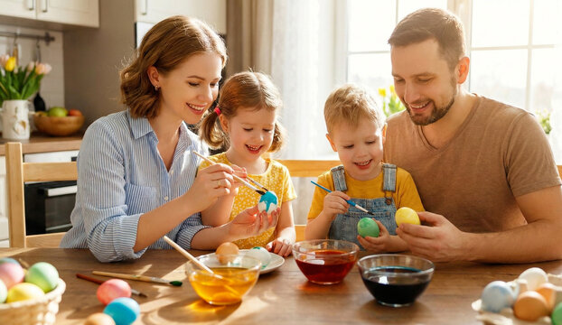 Happy family with children coloring easter eggs in a bright sunny kitchen.