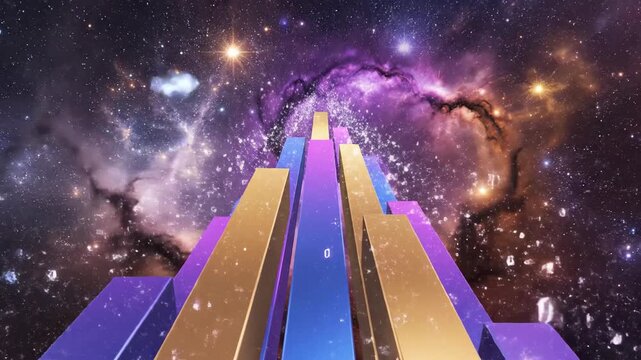 Abstract upward trending financial graph ascending into a vibrant cosmic nebula with stars and galaxy backdrop