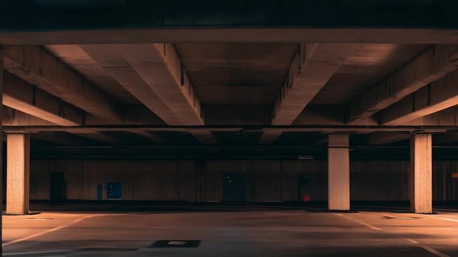 Empty multi story parking garage creating a dramatic atmosphere with strong architectural elements, concrete and contrasting orange and teal artificial lighting