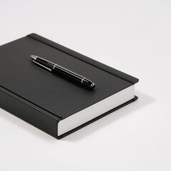 Elegant Black Hardcover Book with Luxury Pen Placed on Minimal White Podium Background
